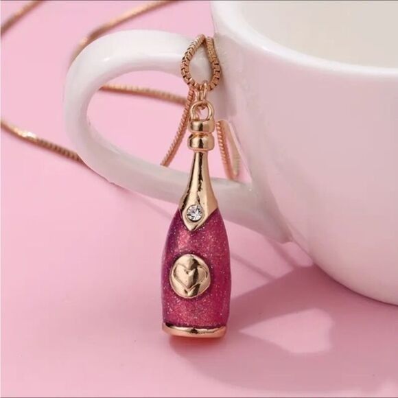 Jewelry - Elegant Pink Glitter Gold  Rhinestone Champagne Bottle Pendant Necklace